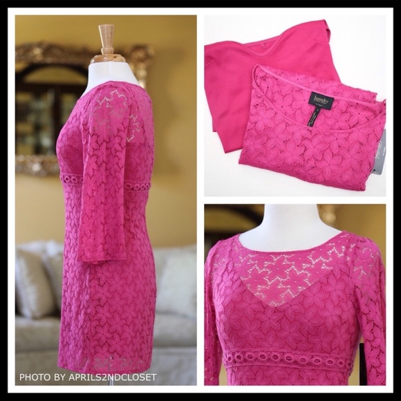 A-LINE BOHO CROCHET LACE 3/4 QUARTER LONG SLEEVES FUCHSIA PINK MINI DRESS - Picture 4 of 6